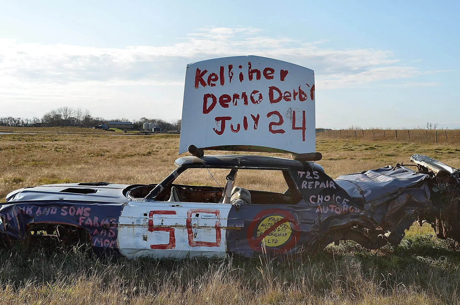 Demolition derby car advertising the Kelliher Demo Derby